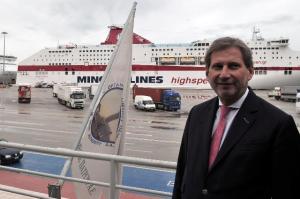 Visit of Johannes Hahn, Member of the EC, to Greece. The Commissioner posing in front of a liner. (EC Audiovisual Services).