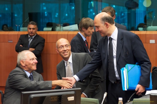 Eurogroup Meeting. Wolfgang Schauble, German Federal Minister for Finance, Jorg Asmoussen, Member of the Executive Board of the European Central Bank and Pierre Moscovici, French Minister of Finance, from left to right. (Eurogroup Photographic Library 08.07.2013).
