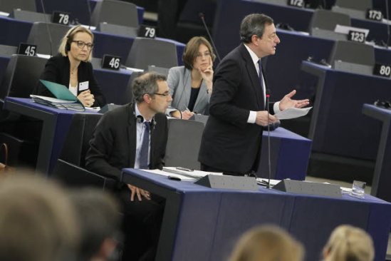 European Parliament in Strasbourg. Plenary Session. Week, 50, 2013 –European Central Bank annual report for 2012. Presentation by ECB’s President Mario Draghi, pictured here answering questions by MEPs. (EP Audiovisual Servises 12/12/2013).