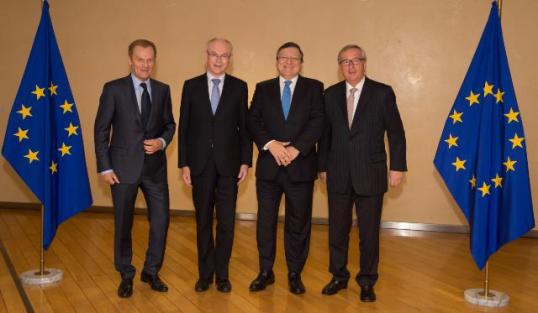 Donald Tusk, Herman van Rompuy, José Manuel Barroso and Jean-Claude Juncker (from left to right). The former and the present EU leaders got together in Brussels to mark the succession, with Barroso looking happy about it. (EC Audiovisual Services).