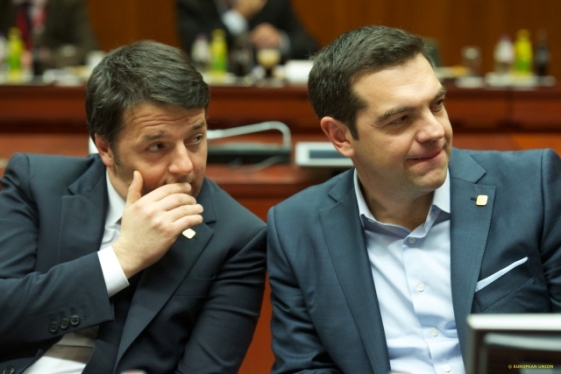 "Do You see Angela entering? Get ready! I told you to wear that tie!", Renzi should be saying to his good friend to whom recently bought a tie. From left to right, Matteo Renzi, Prime Minister of Italy and Alexis Tsipras, new Prime Minister of Greece (EU Council TVnewsroom, 12/02/2015)